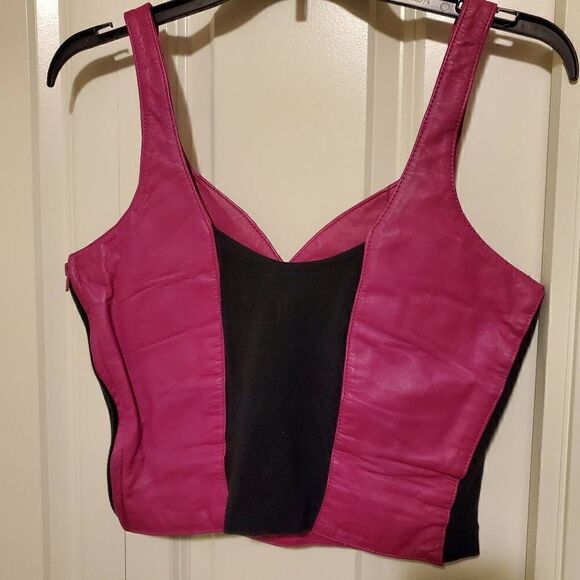 VTG Retro Chia Fuschia Stretchy Leather Crop Top Large - Picture 5 of 11